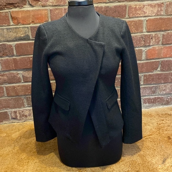 Ann Taylor Loft black petite snap asymmetrical front tweed wool suit jacket coat - Picture 1 of 7